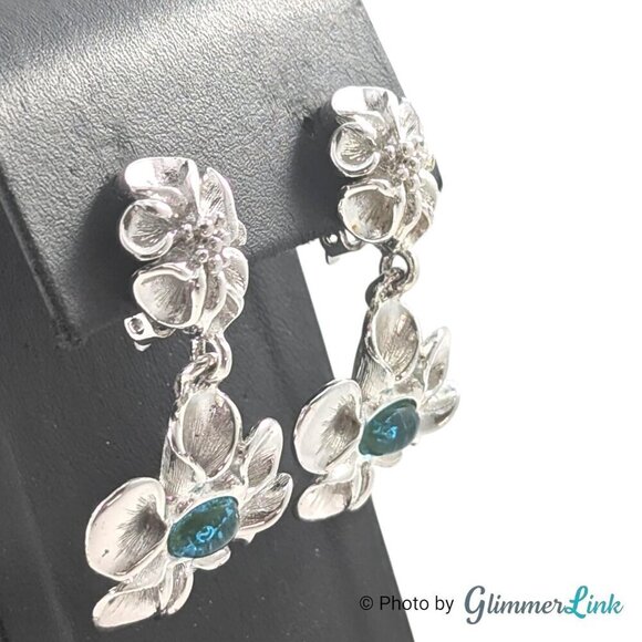 Vintage Silver Tone Green Cabochon Floral Dangle Clip On Earrings Statement - Picture 2 of 7